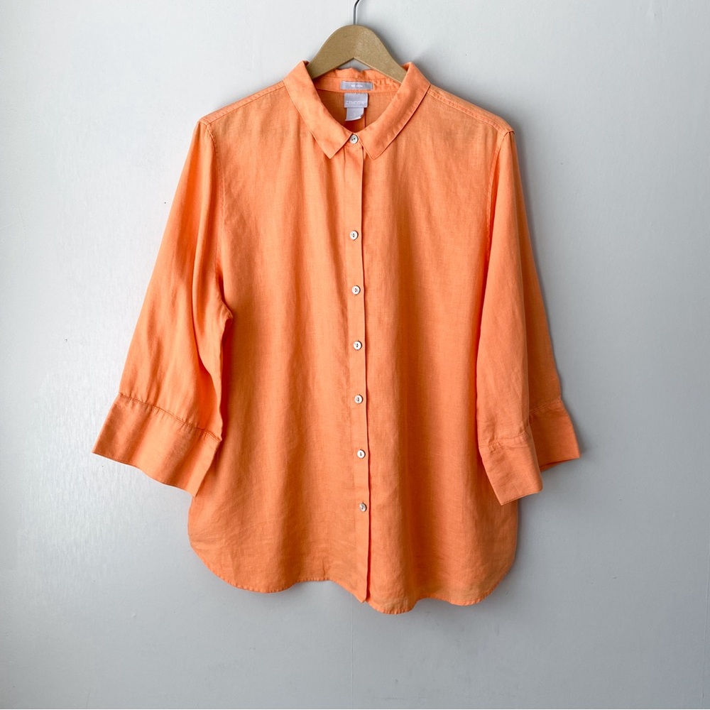 Chicos No Iron 100% Linen 3/4 Sleeve Button Blouse Orange XL 16